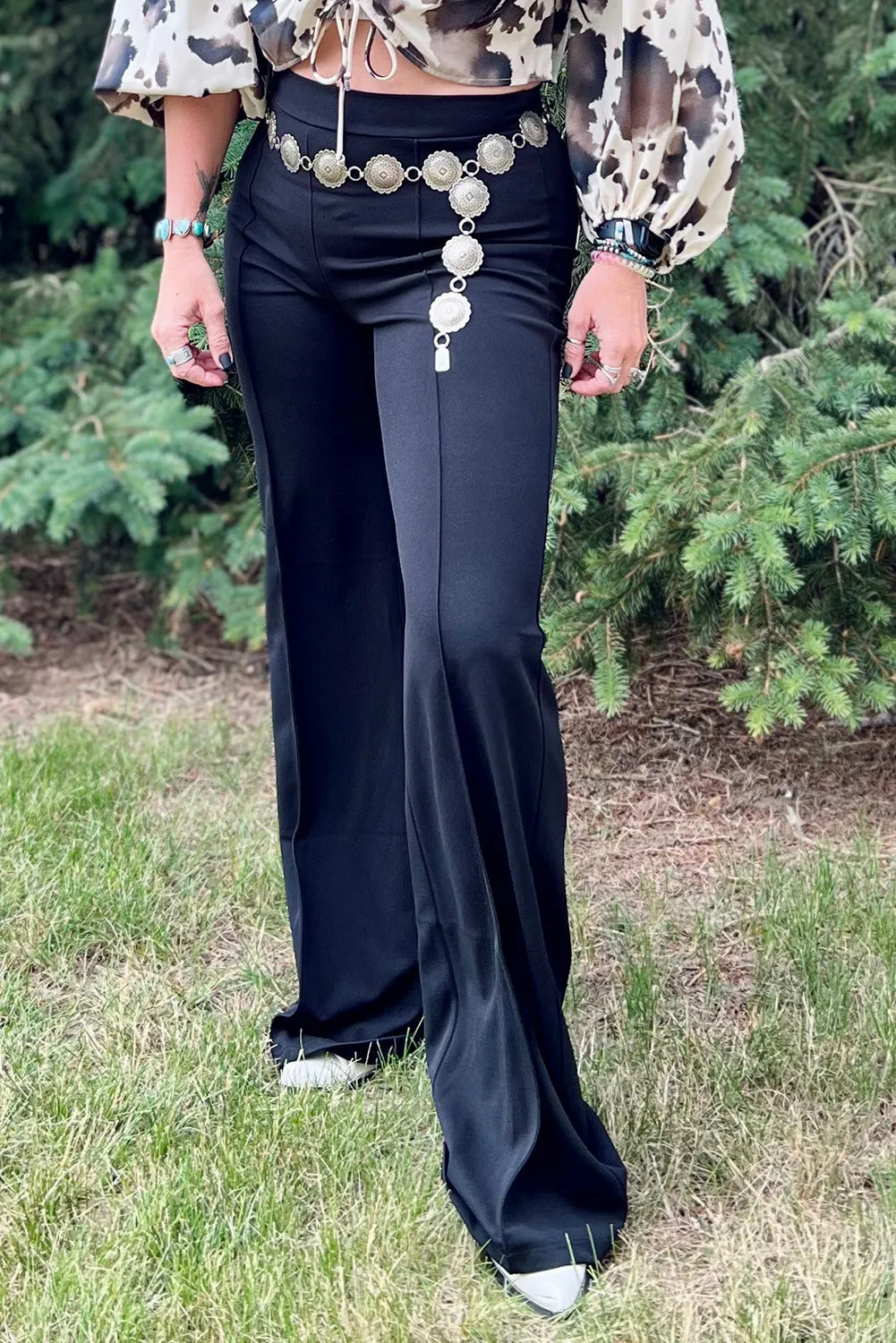 Black Seamed Fit and Flare High Waist Pants