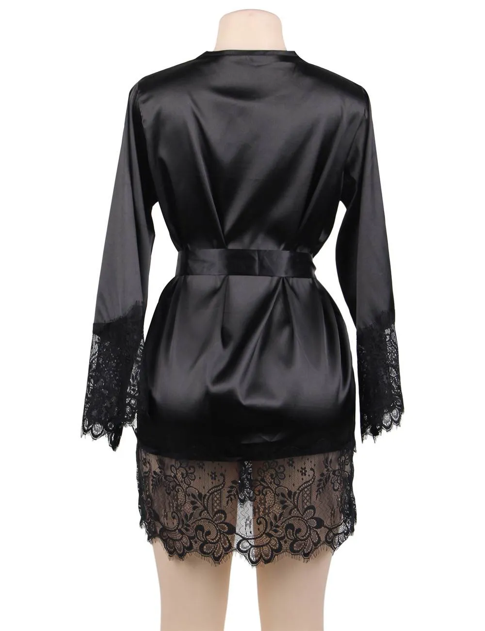 Black Silk Satin Lace Sexy Women Kimono Home Pajamas