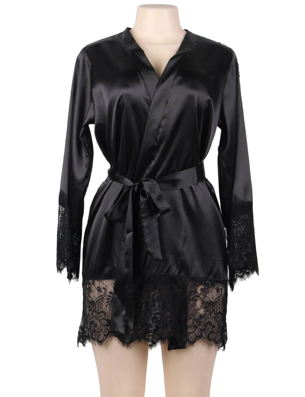Black Silk Satin Lace Sexy Women Kimono Home Pajamas
