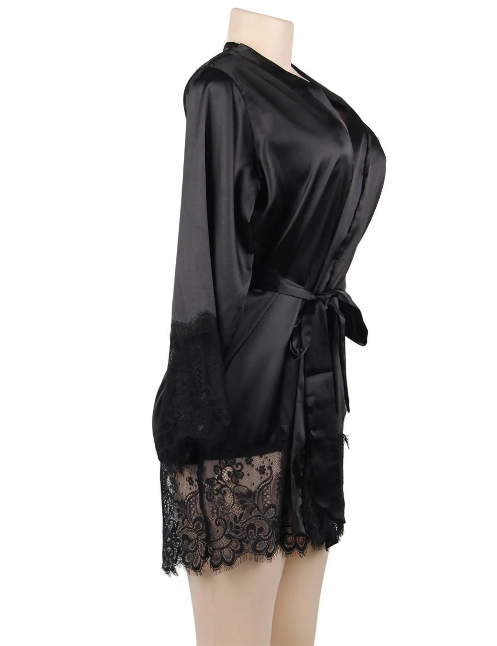 Black Silk Satin Lace Sexy Women Kimono Home Pajamas