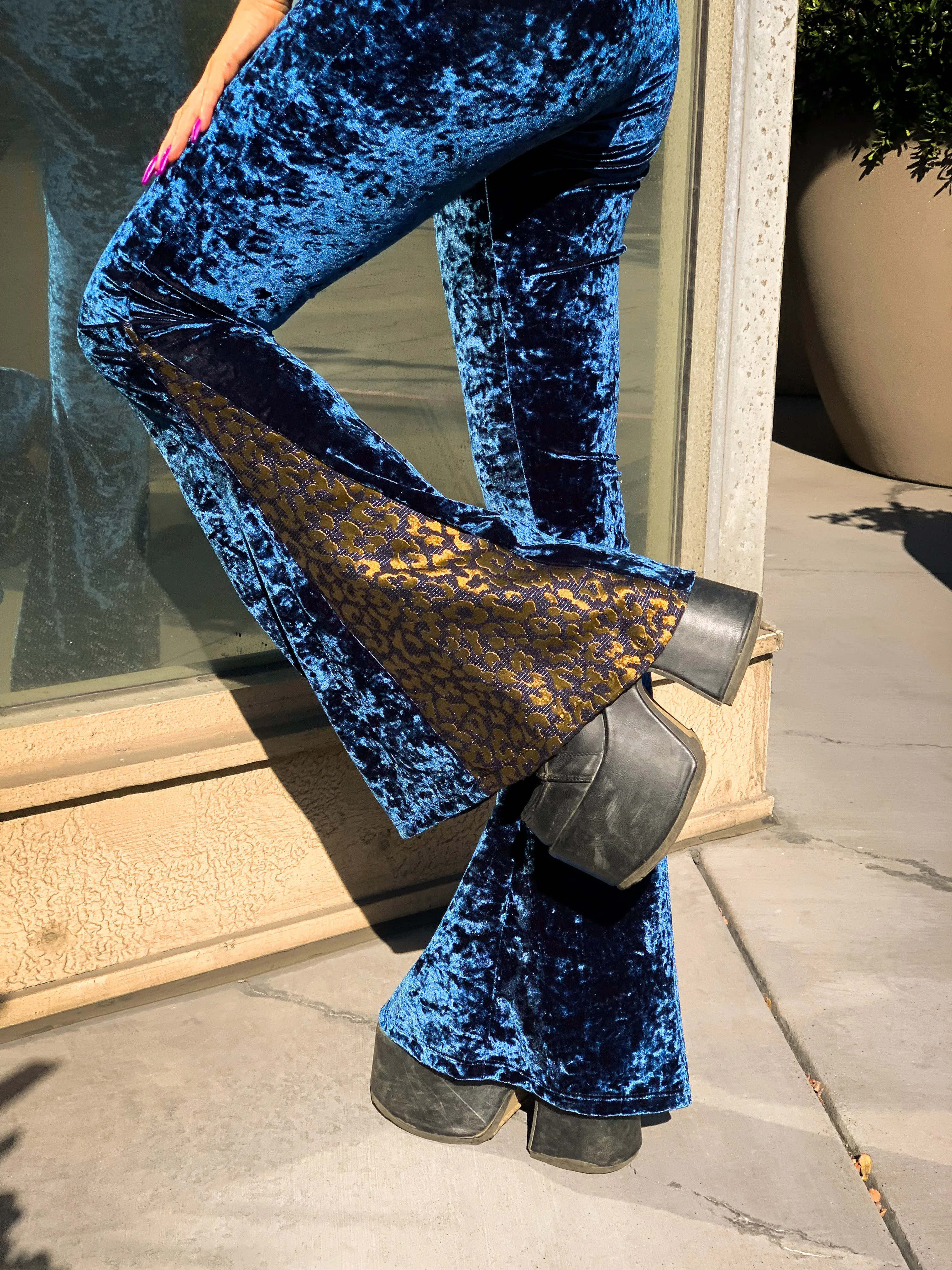 Blue Crushed Velvet Flare Pants