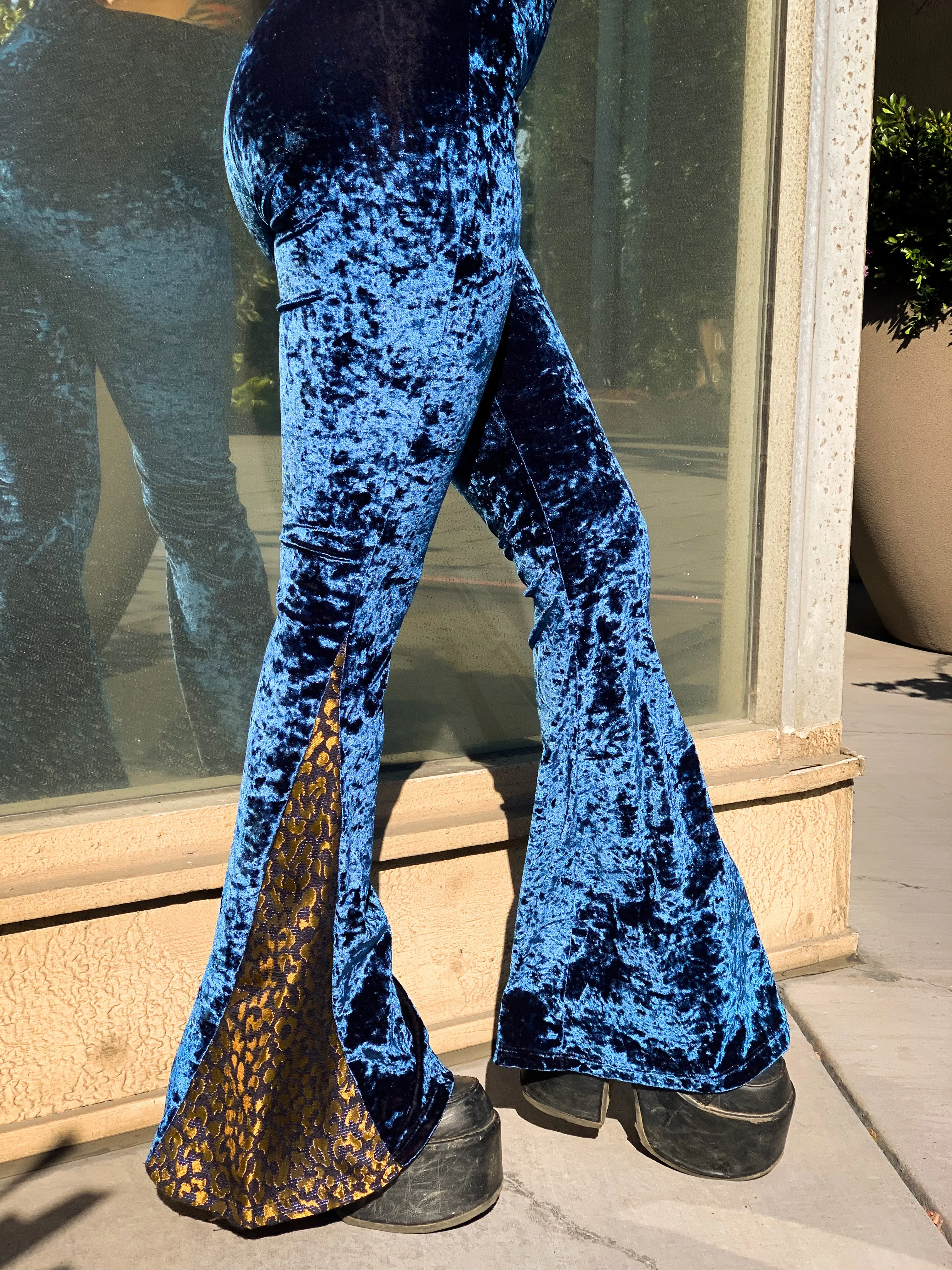 Blue Crushed Velvet Flare Pants
