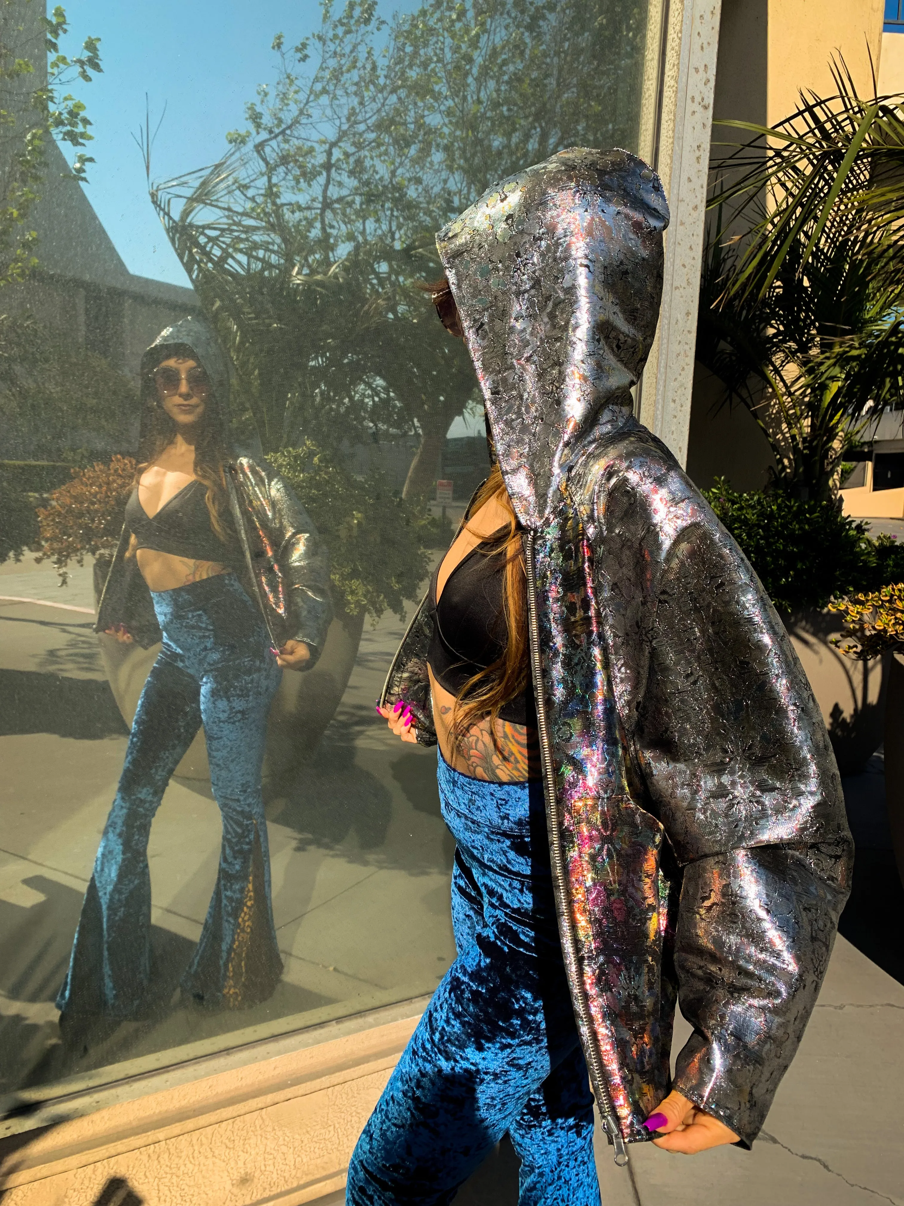 Blue Crushed Velvet Flare Pants