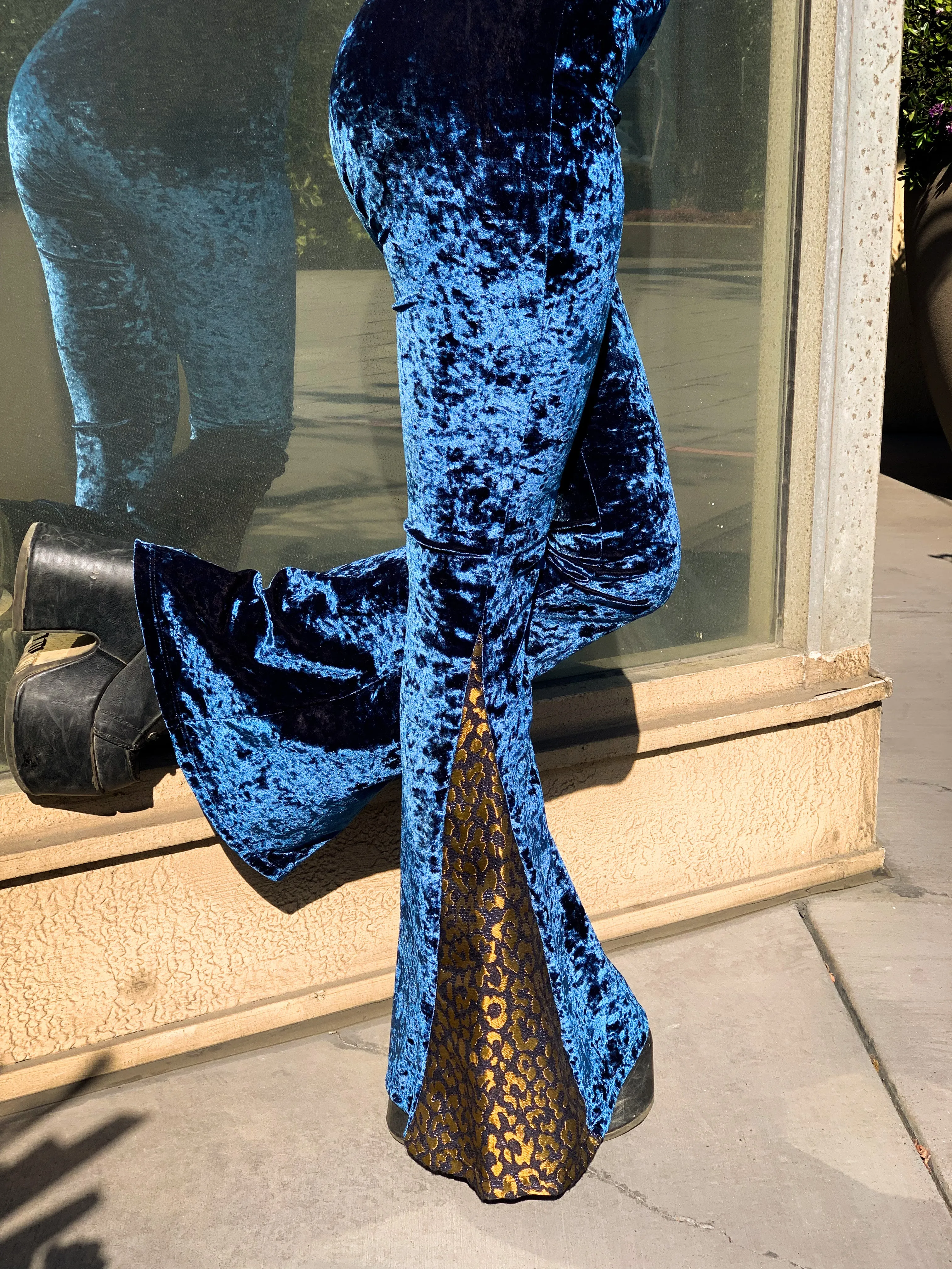 Blue Crushed Velvet Flare Pants