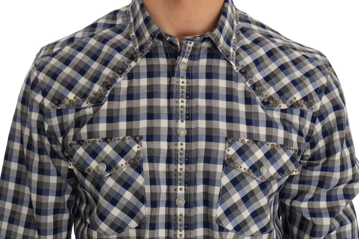 Blue Gray Check Cotton Slim Fit Shirt