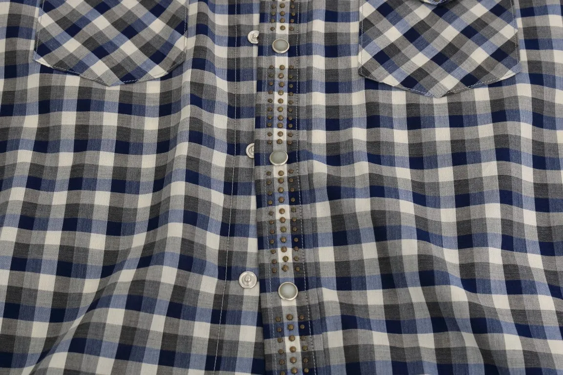 Blue Gray Check Cotton Slim Fit Shirt