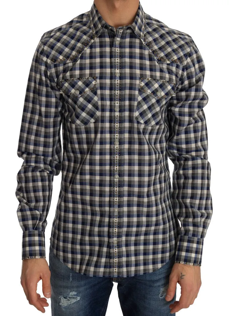 Blue Gray Check Cotton Slim Fit Shirt