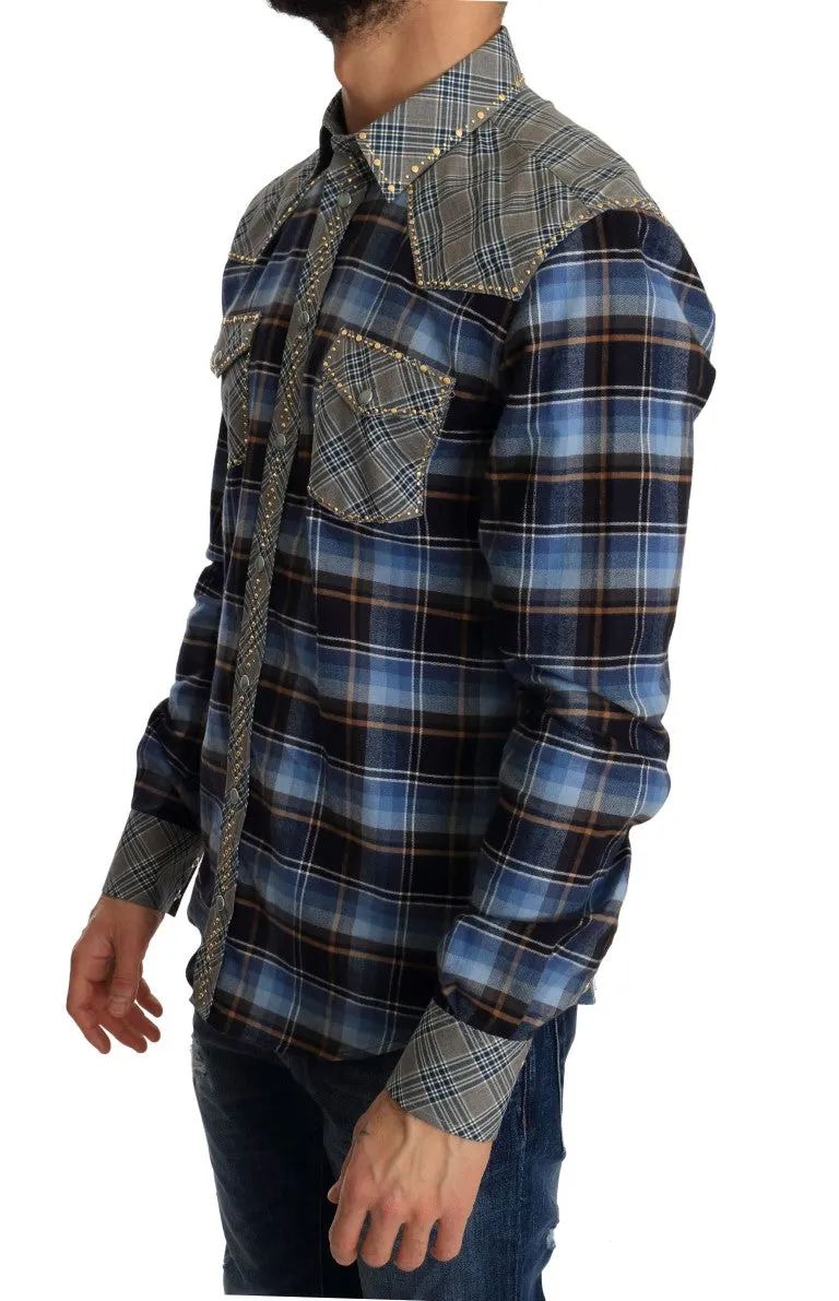 Blue Gray Check Cotton Slim Fit Shirt