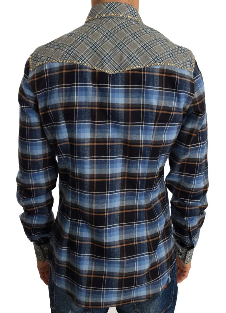 Blue Gray Check Cotton Slim Fit Shirt