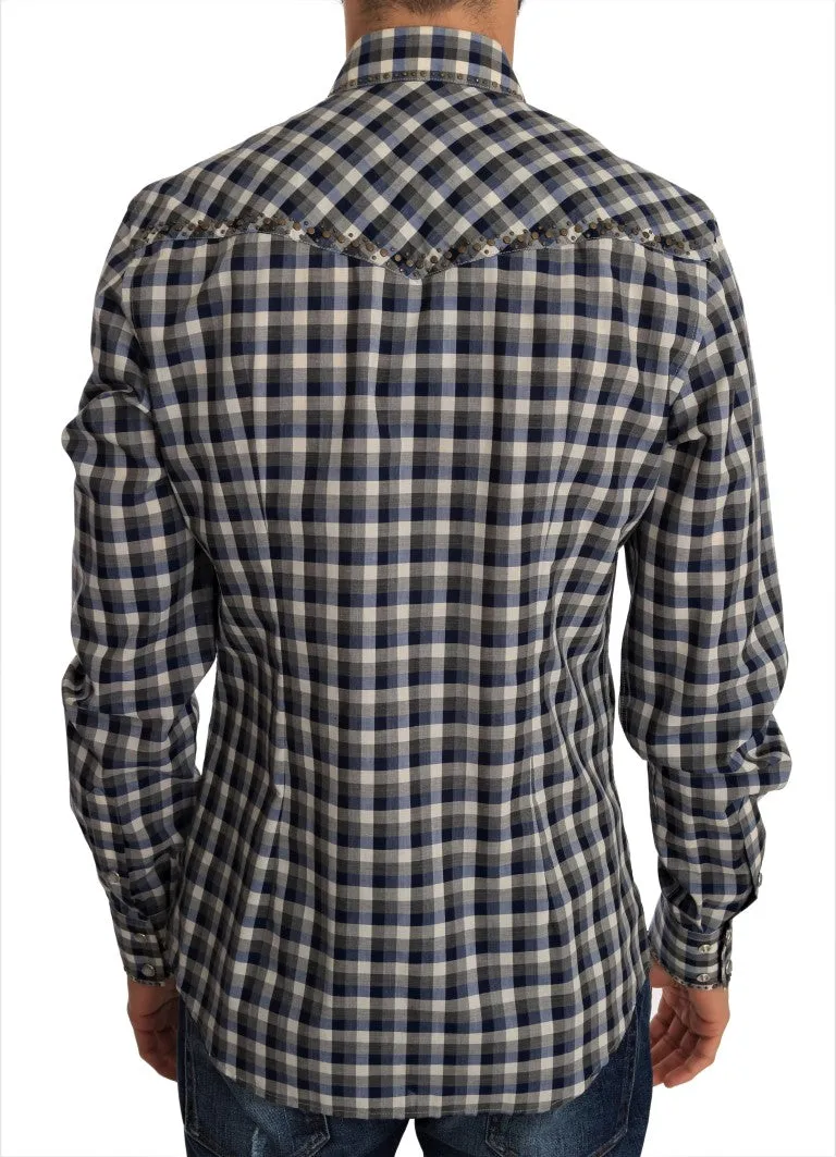 Blue Gray Check Cotton Slim Fit Shirt