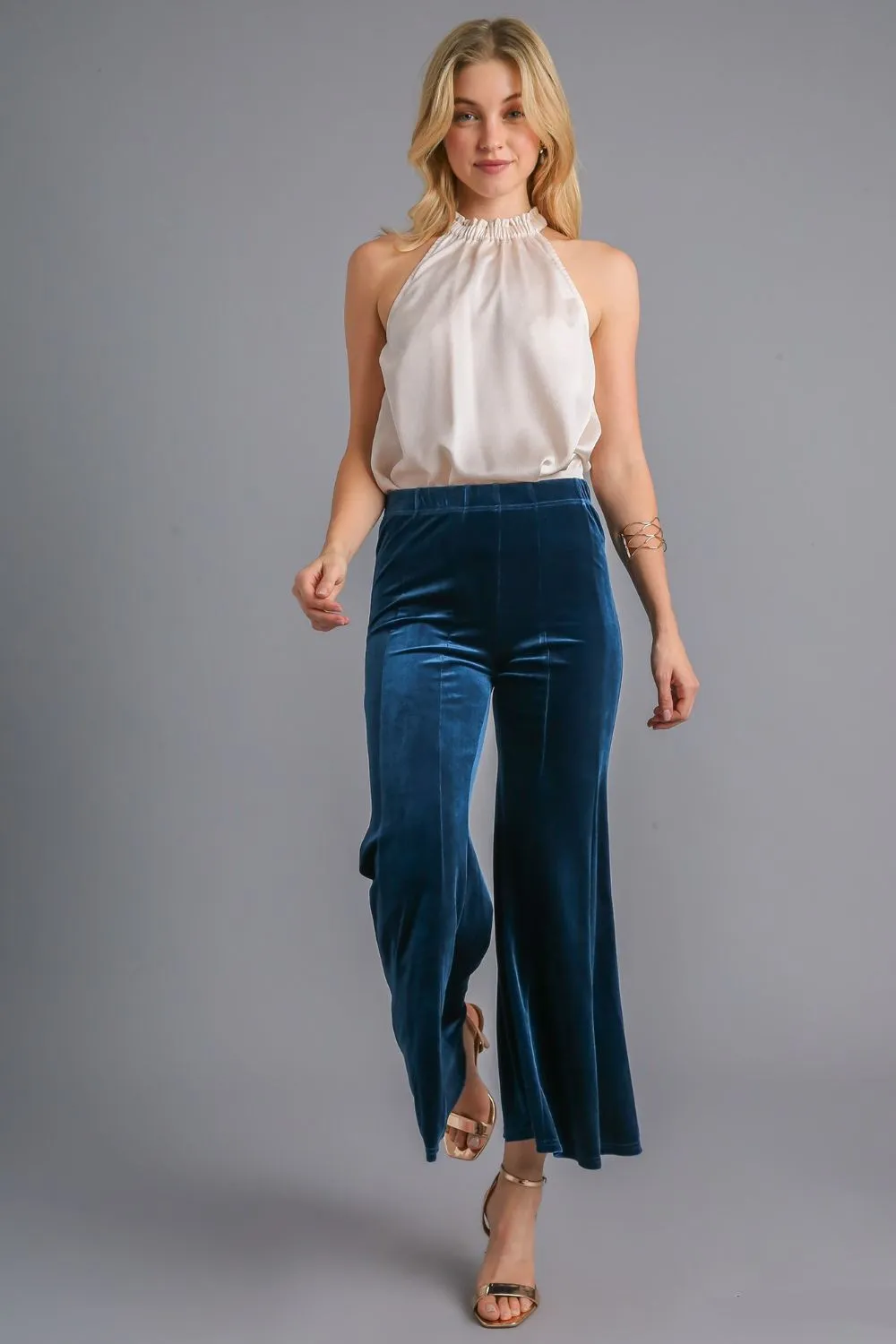 Blue High Rise Elastic Waist Flare Pants