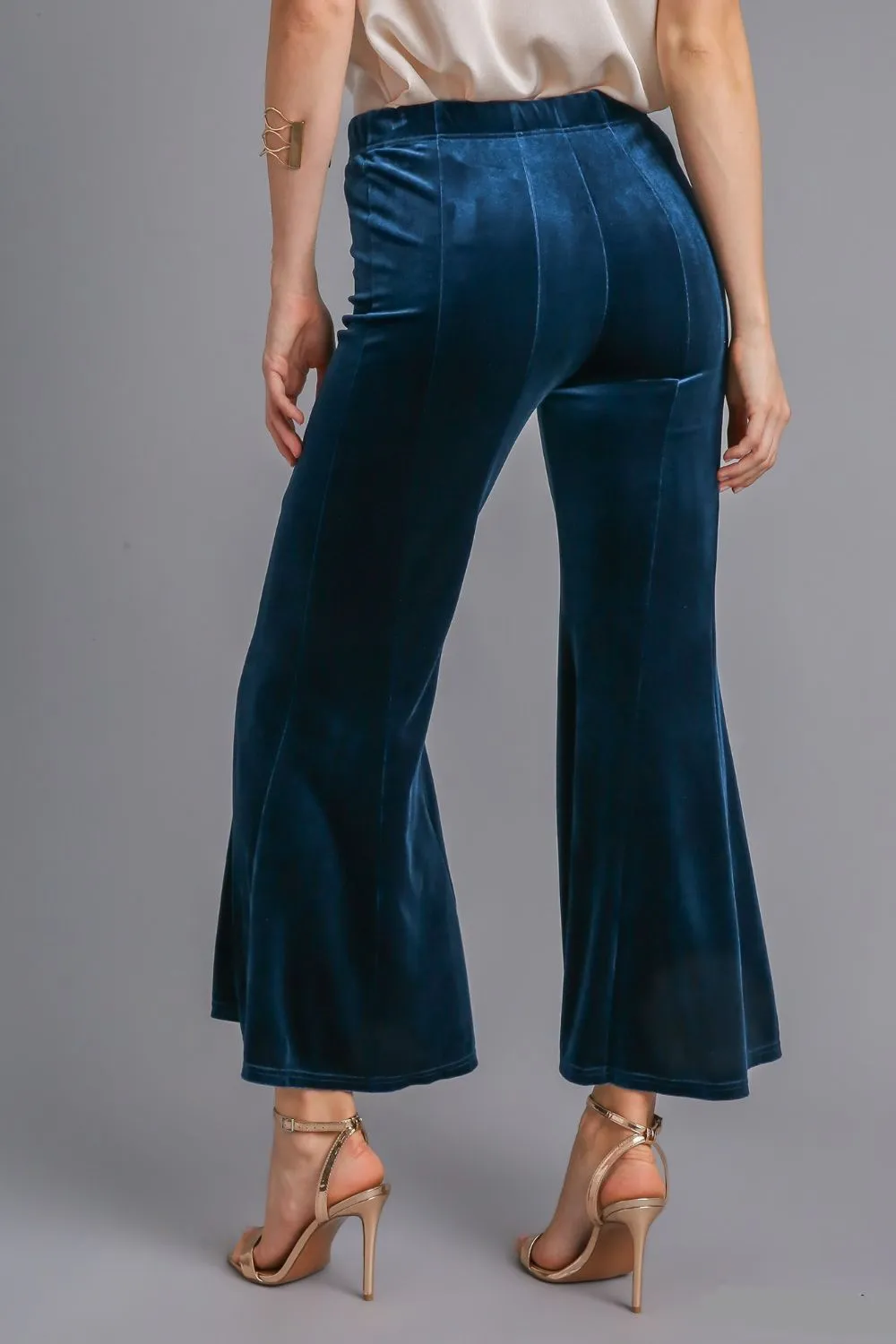 Blue High Rise Elastic Waist Flare Pants