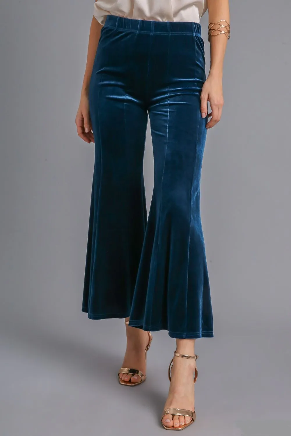 Blue High Rise Elastic Waist Flare Pants