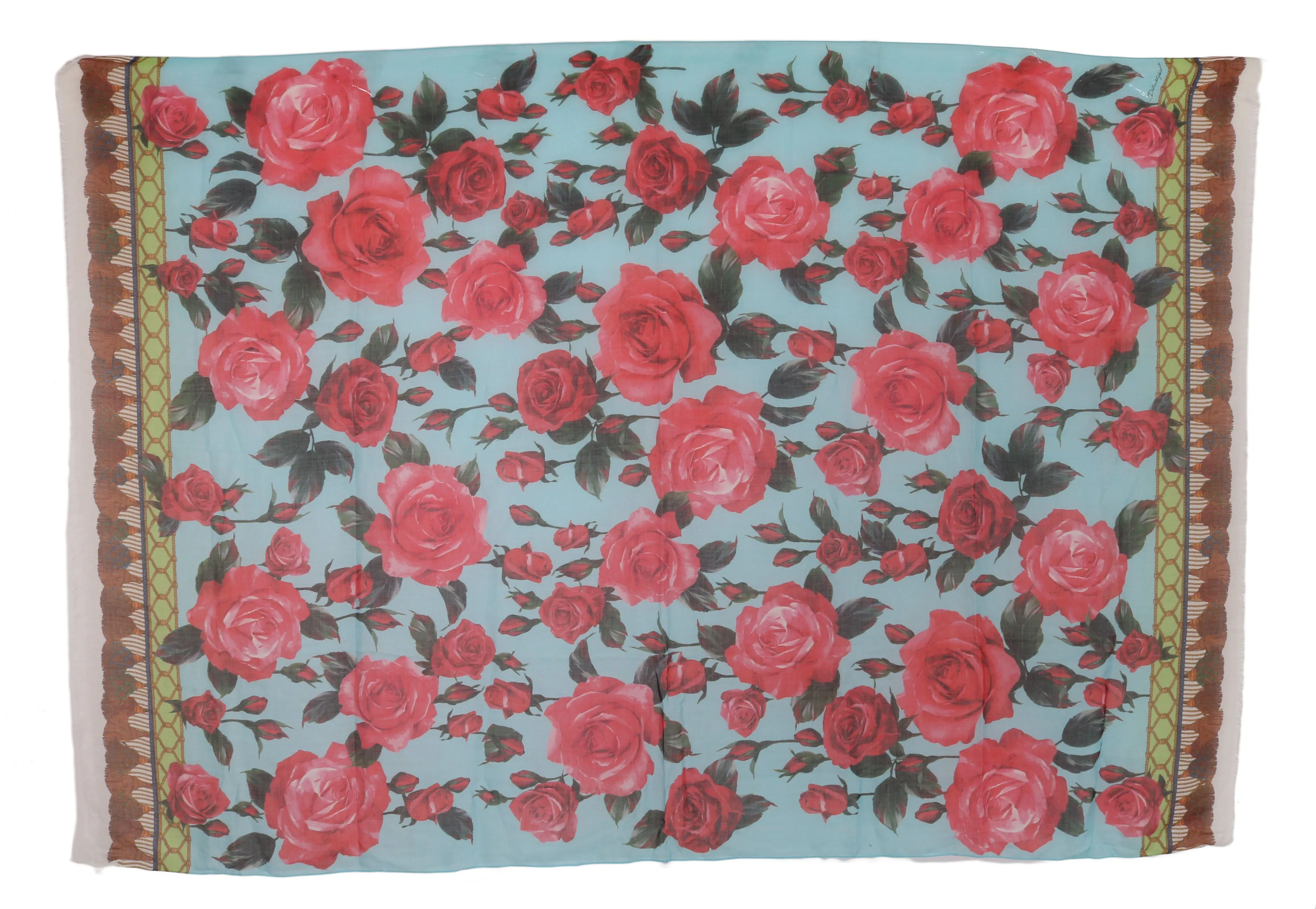 Blue Red Roses Cashmere Silk Wrap Scarf