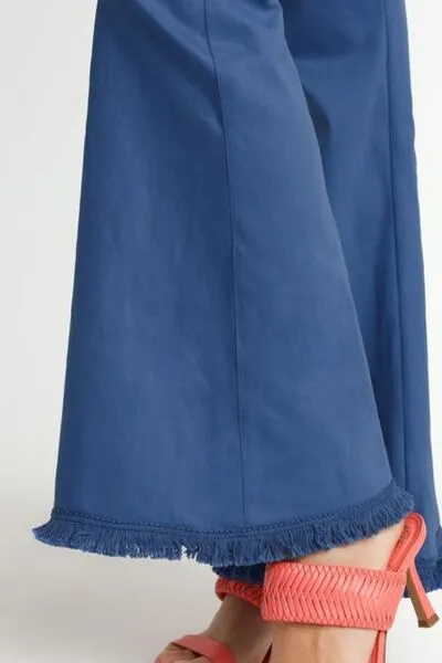 Blue Wide Flare Leg Stretch Pants with Frayed Hem