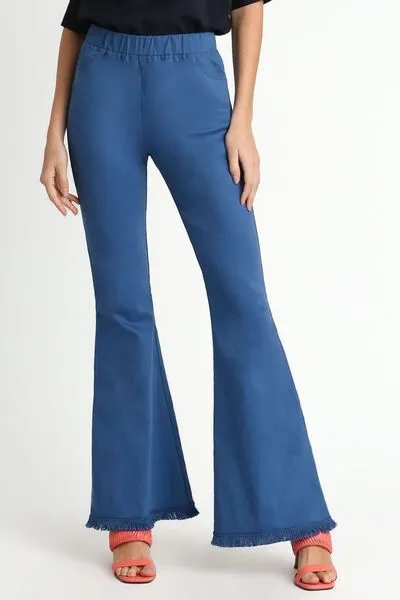 Blue Wide Flare Leg Stretch Pants with Frayed Hem