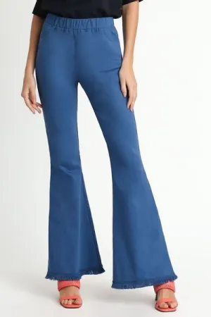 Blue Wide Flare Leg Stretch Pants with Frayed Hem
