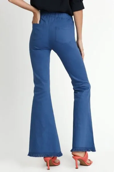 Blue Wide Flare Leg Stretch Pants with Frayed Hem