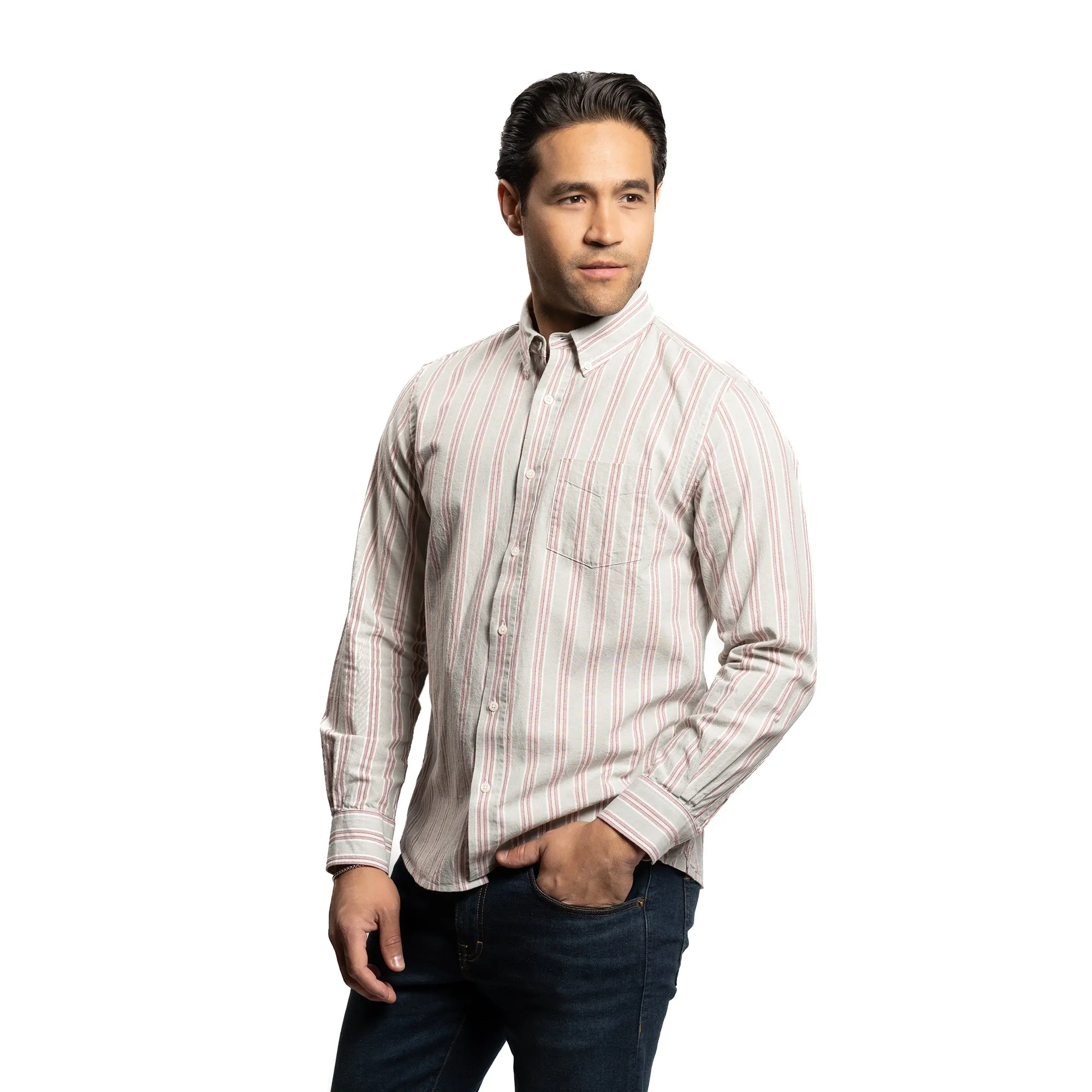 Brooklyn Chambray Shirt - Grey Burgundy Stripe