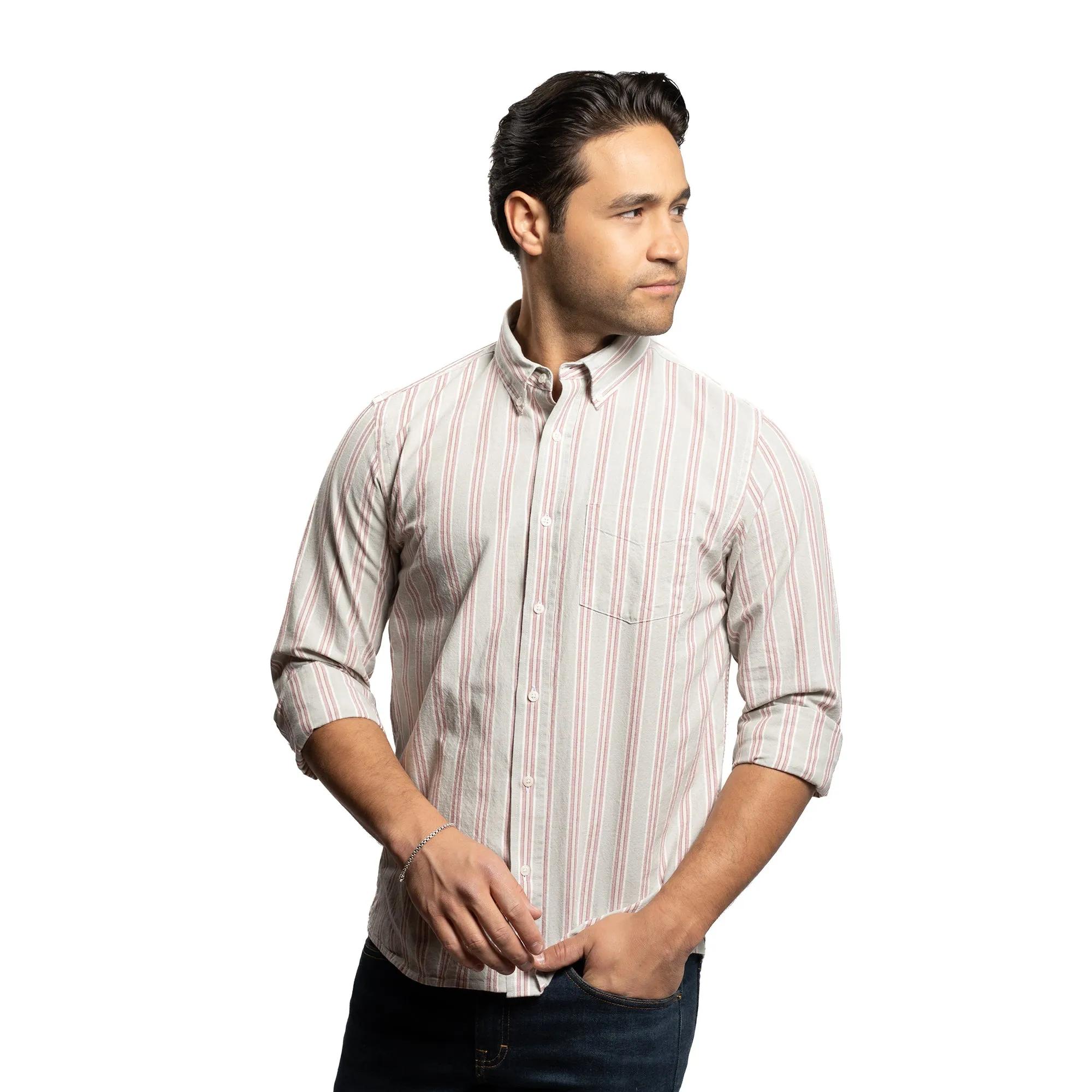 Brooklyn Chambray Shirt - Grey Burgundy Stripe