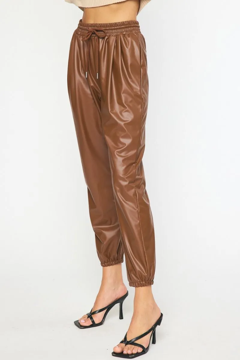 Brown Vegan Leather Jogger Pants