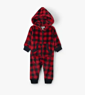 Buffalo Plaid Fleece Hooded Romper- Infant
