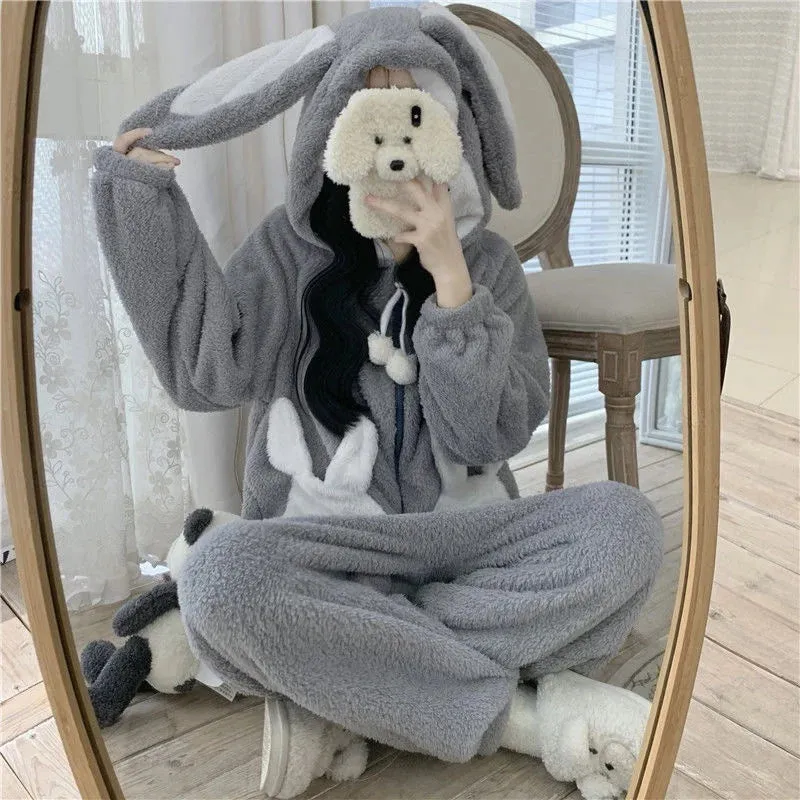 Bunny Hooded Onesies Women Kigurumi Pajamas Cute Pijama Winter Warm Sleepwear Kawaii Female Nightwear Pyjamas Gray Jumpsuit