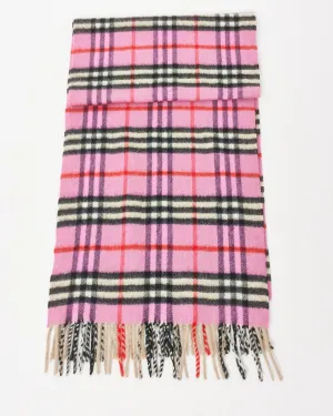 Burberry Pink Cashmere Wool Nova Check Fringe Scarf