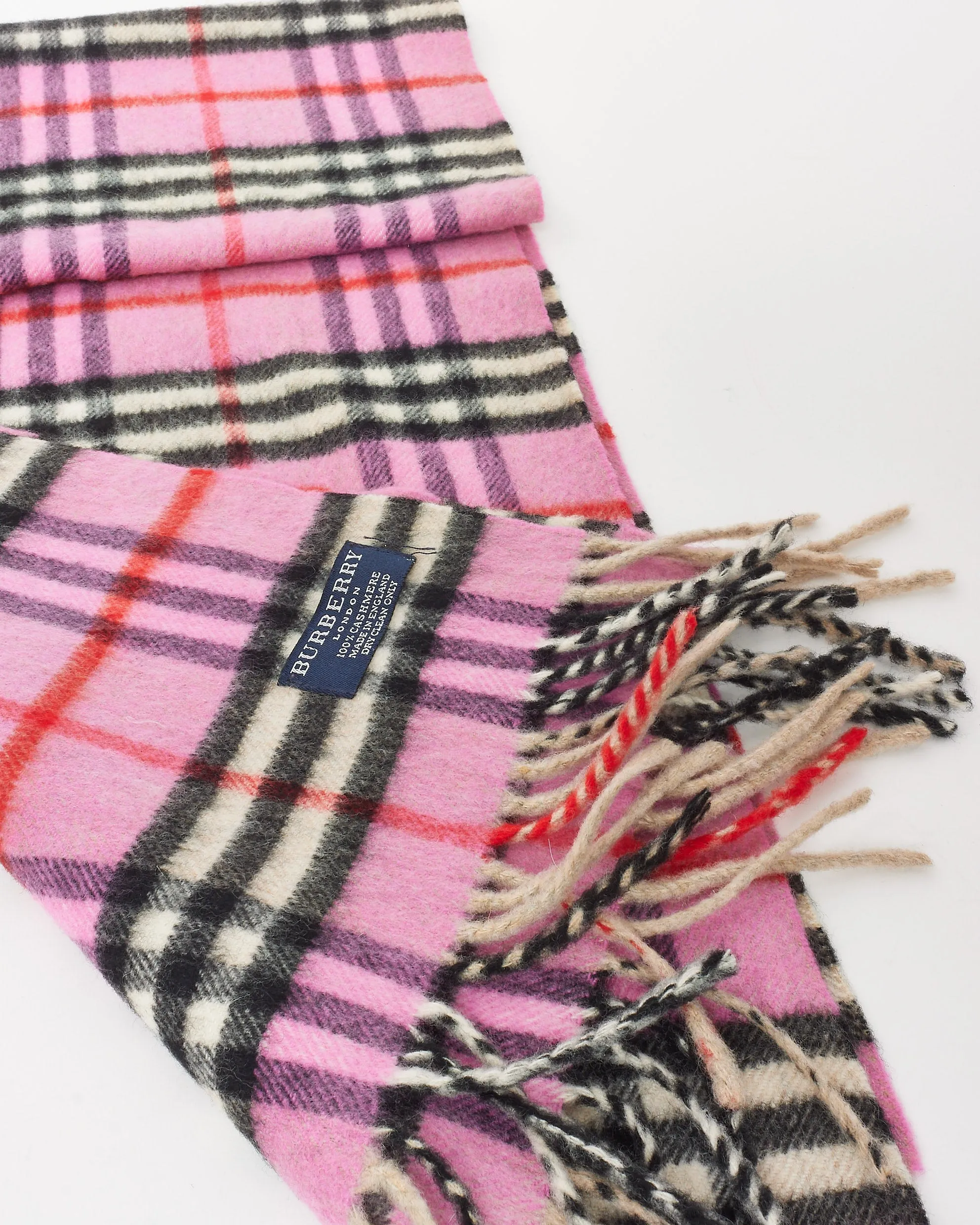 Burberry Pink Cashmere Wool Nova Check Fringe Scarf