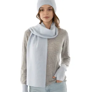 Cashmere Long Scarf w. Swarovski Scattered Crystal Edges - Cloud Blue