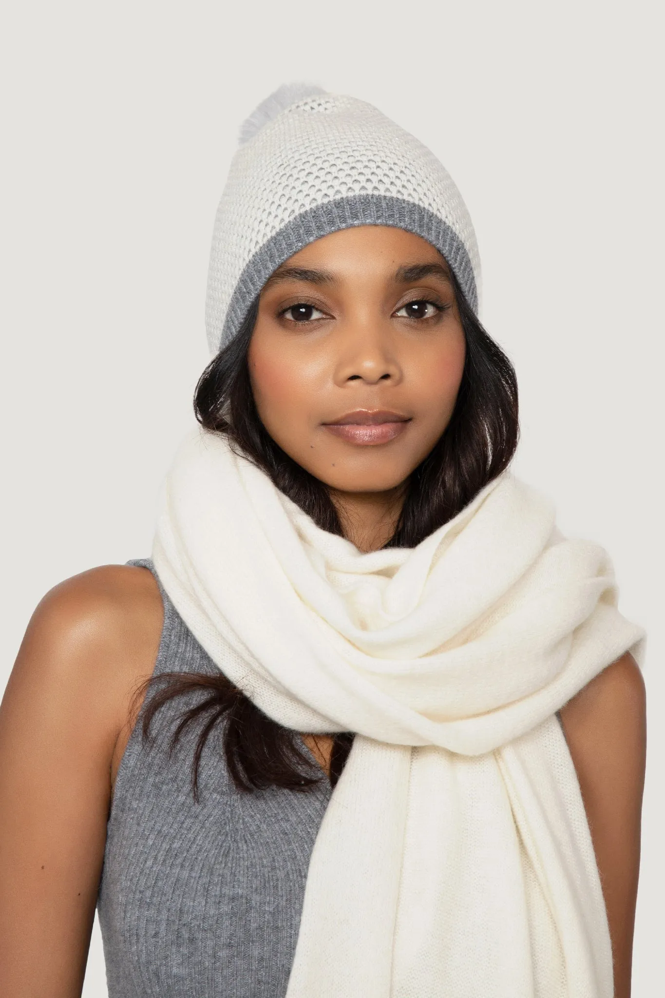 Cashmere Tuck Stitch Pom Pom Beanie