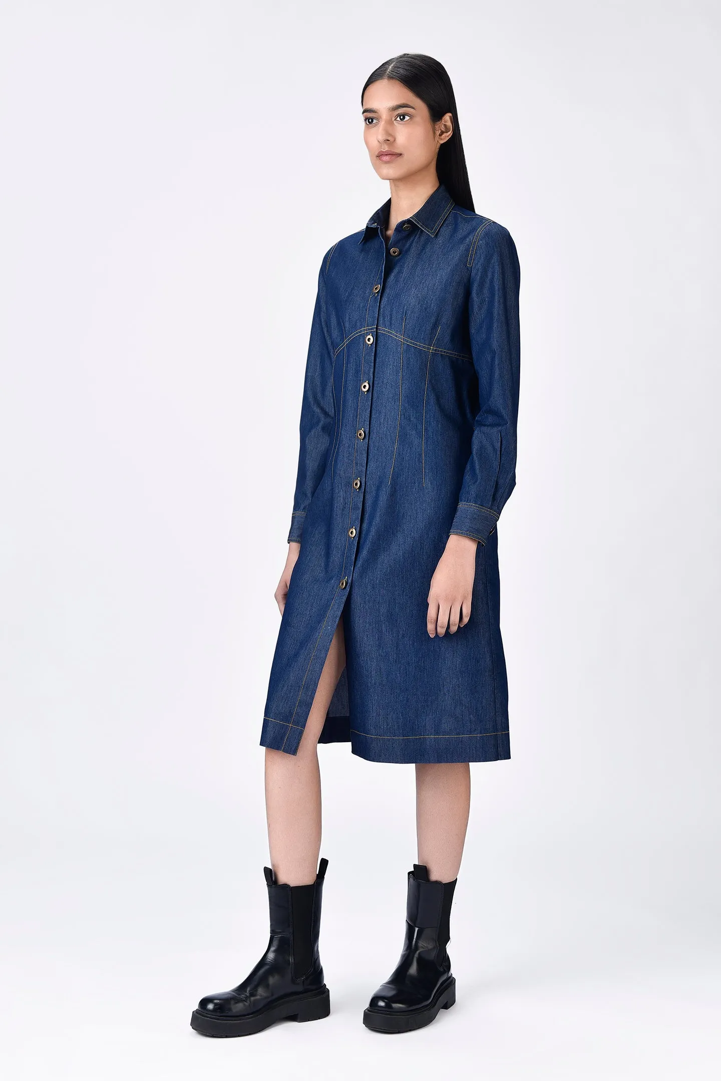 Chambray Shirt Dress with Top Stitch Highlights