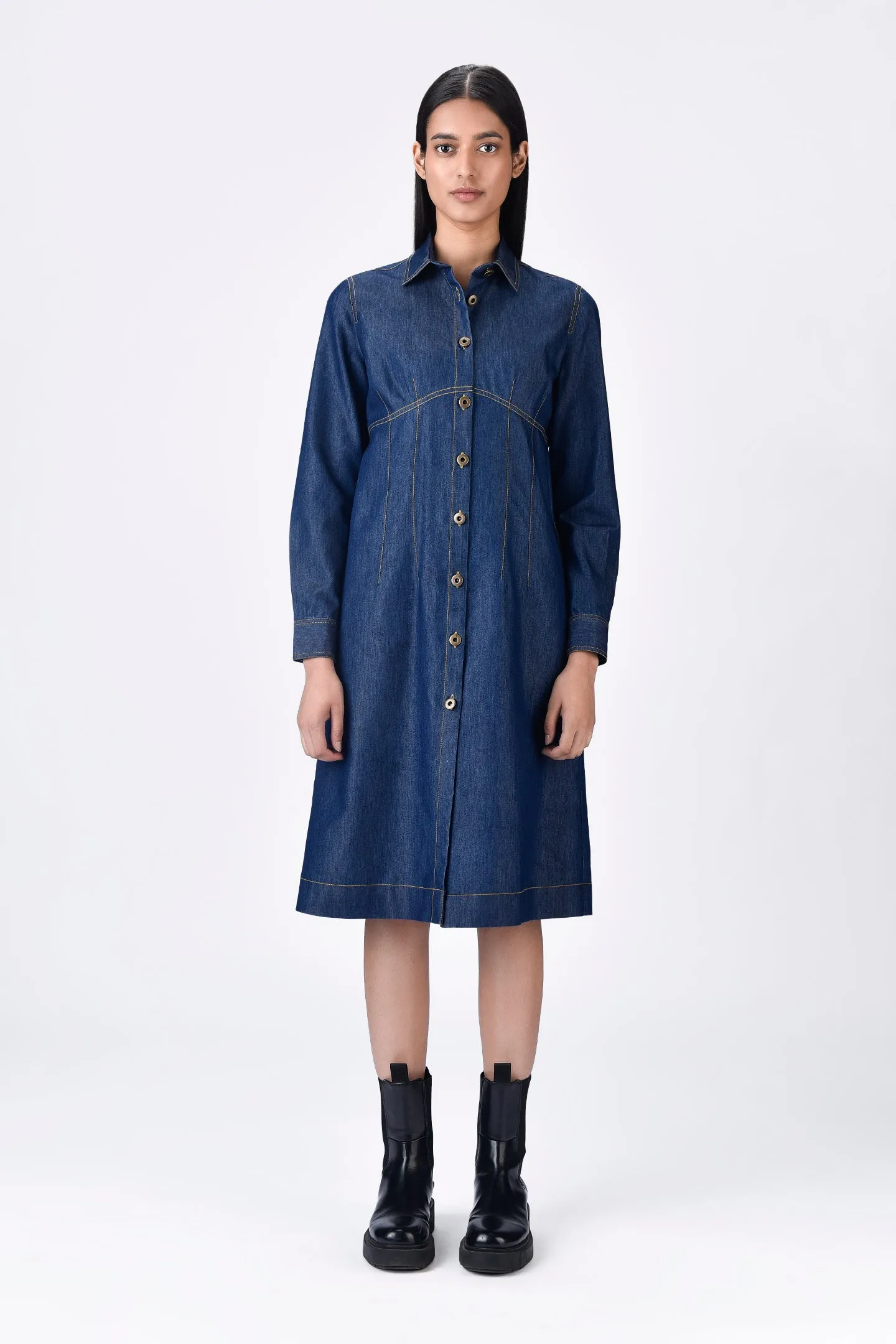 Chambray Shirt Dress with Top Stitch Highlights