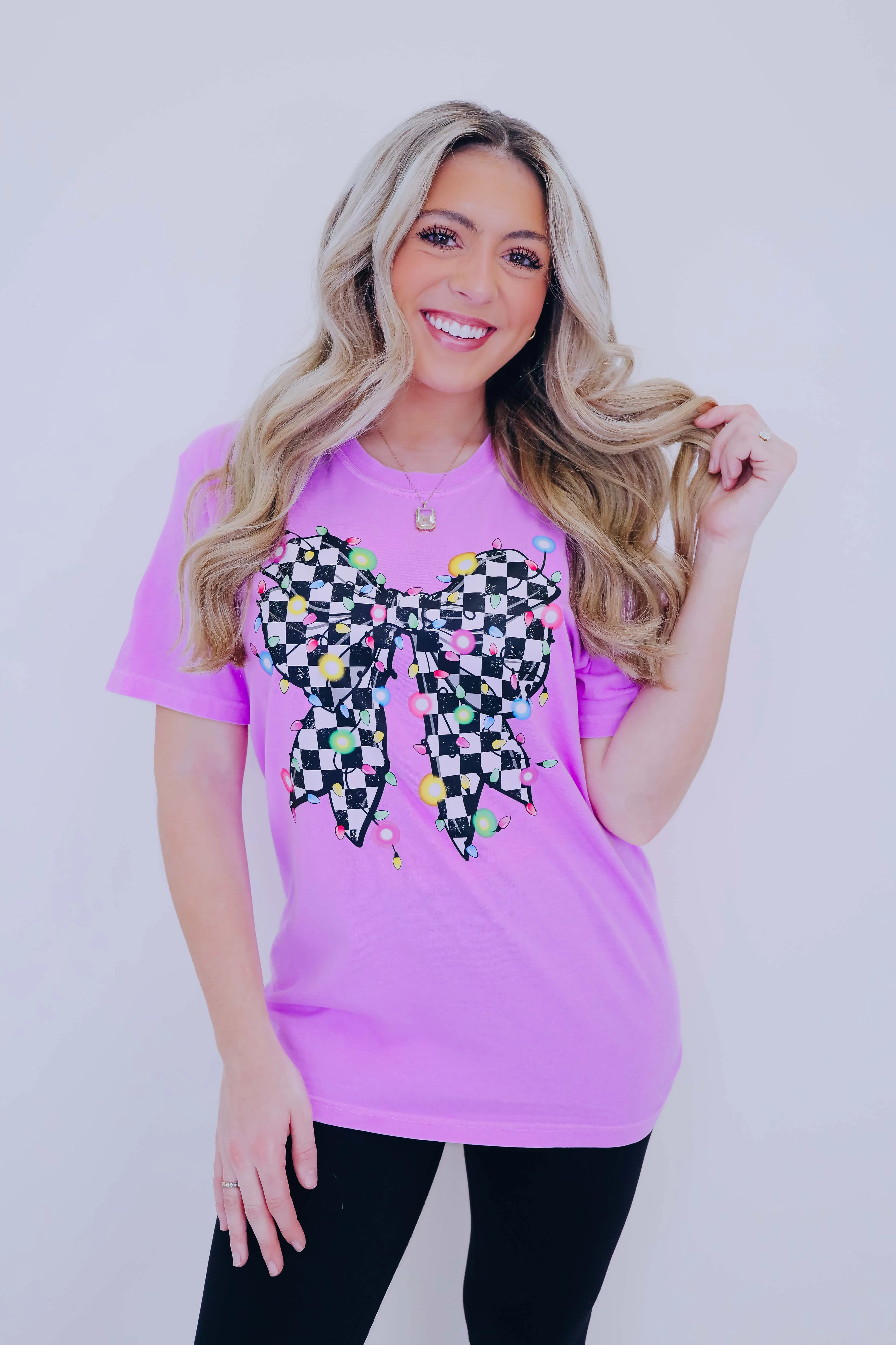 Checkered Bow String Lights Comfort Colors Graphic Tee S-2X