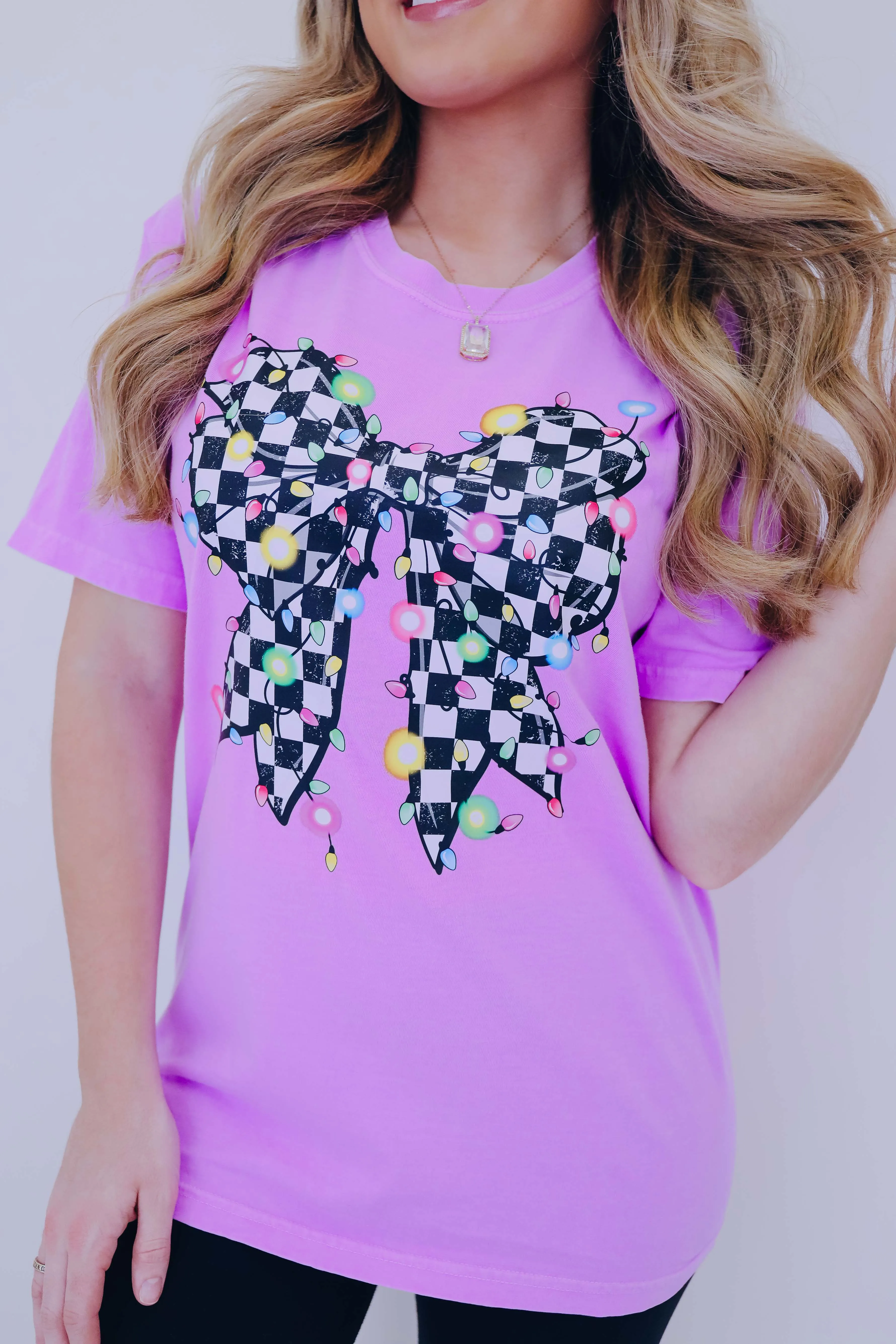 Checkered Bow String Lights Comfort Colors Graphic Tee S-2X