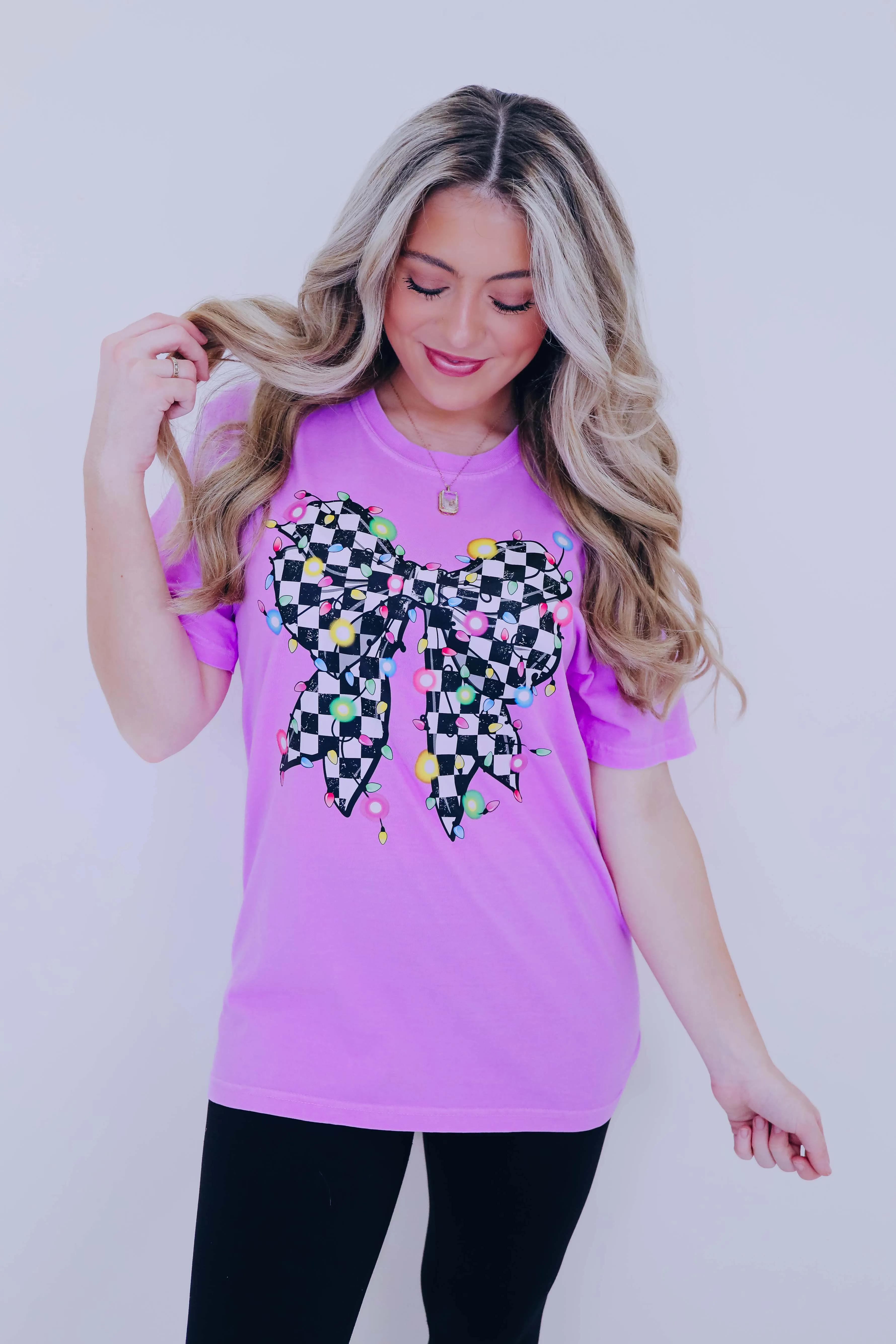 Checkered Bow String Lights Comfort Colors Graphic Tee S-2X