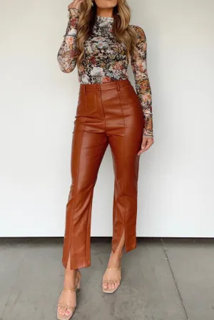 Chestnut PU Leather Split Front High Waist Flare Pants