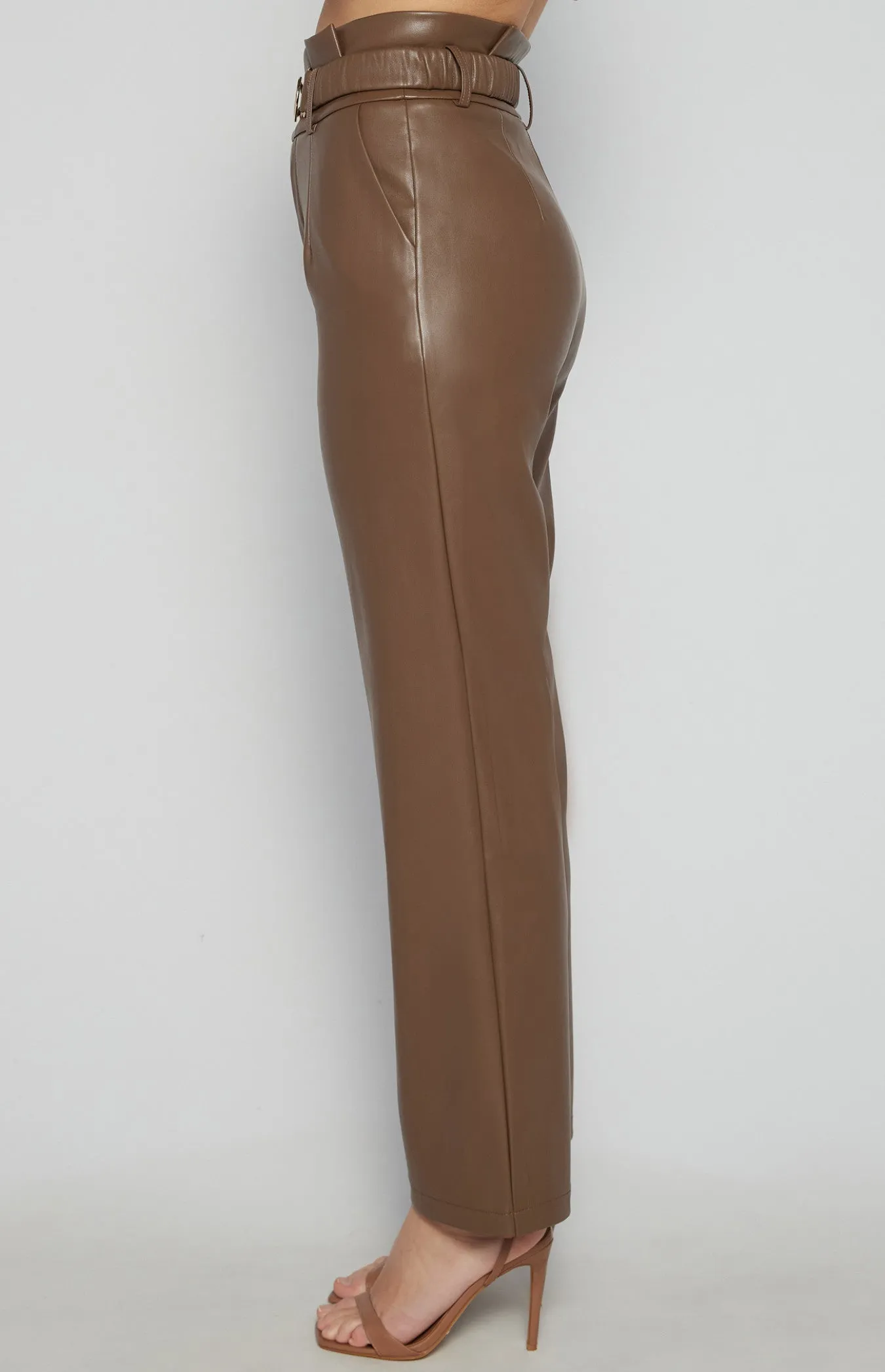 Chocolate Faux Leather Paper Bag Waist Pants with Gold Buckle Belt