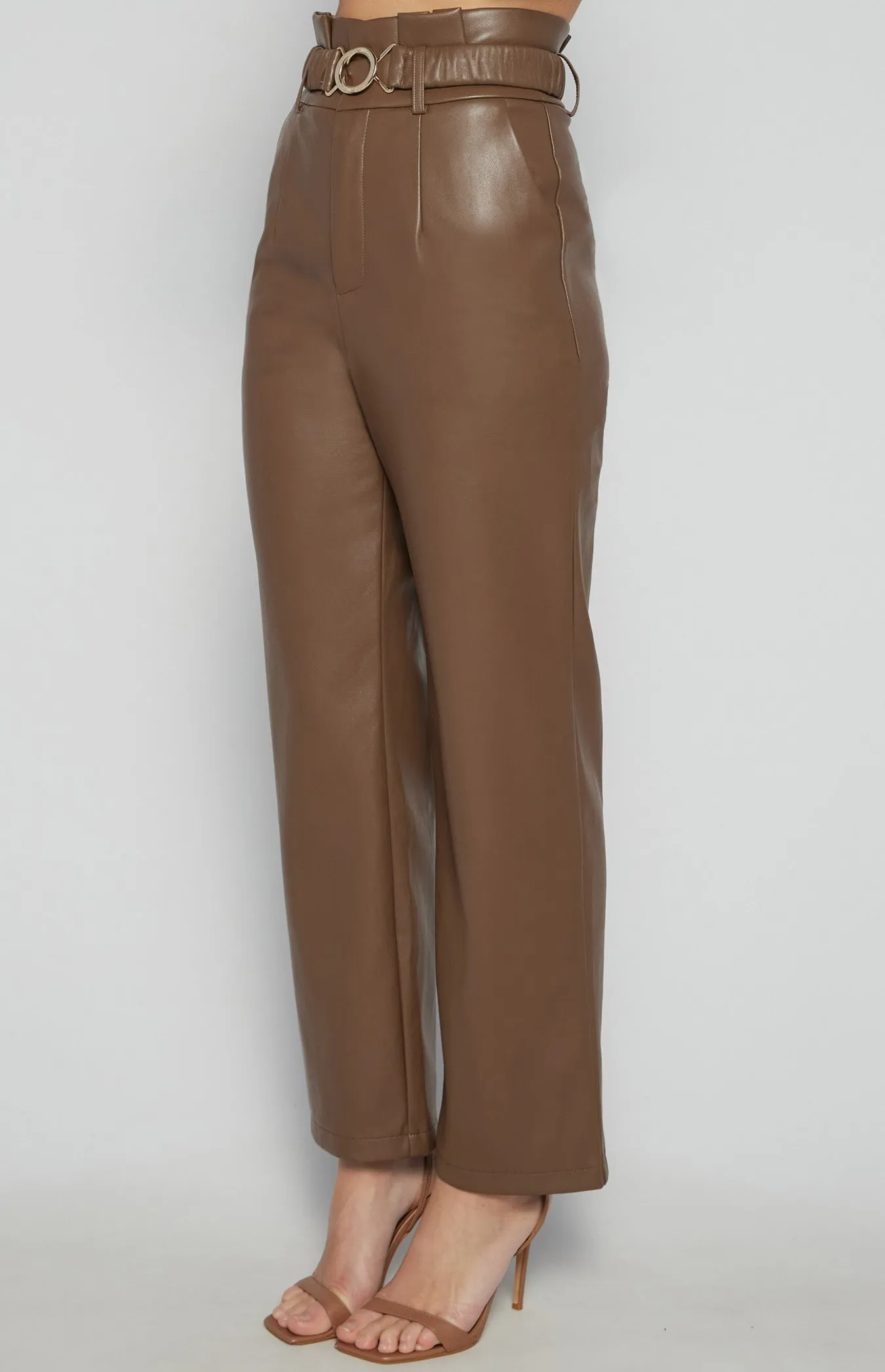 Chocolate Faux Leather Paper Bag Waist Pants with Gold Buckle Belt