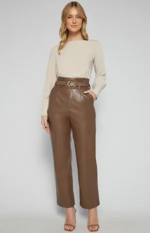 Chocolate Faux Leather Paper Bag Waist Pants with Gold Buckle Belt
