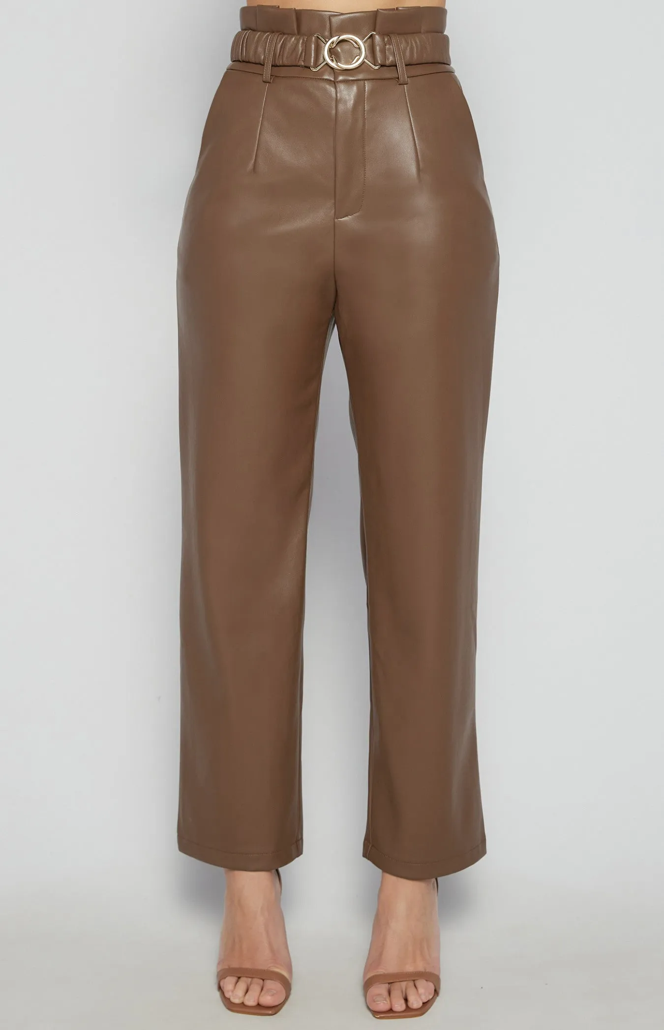Chocolate Faux Leather Paper Bag Waist Pants with Gold Buckle Belt