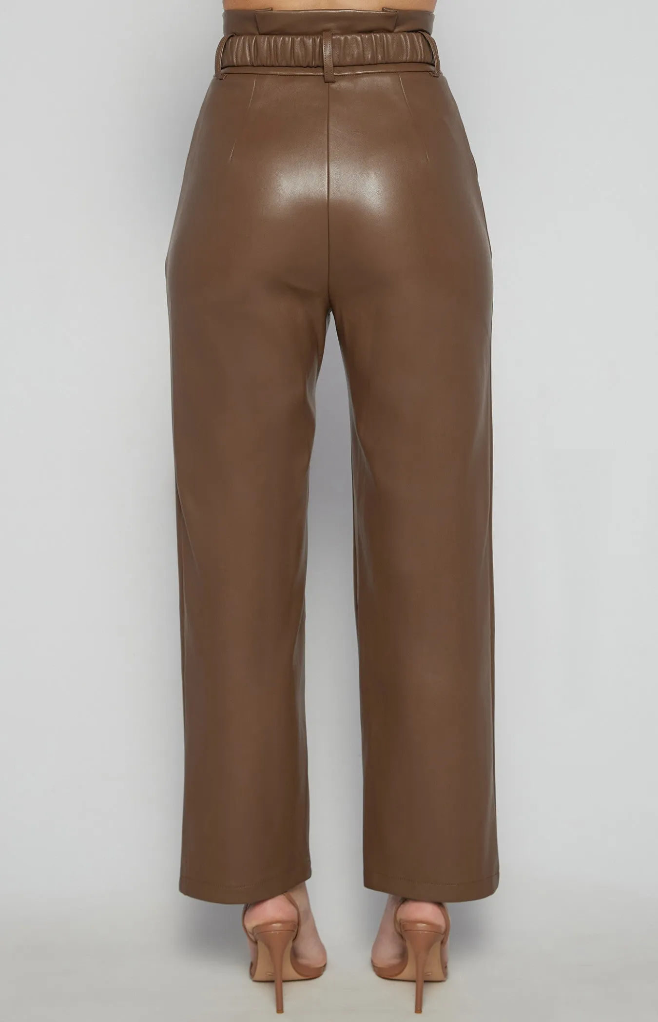 Chocolate Faux Leather Paper Bag Waist Pants with Gold Buckle Belt