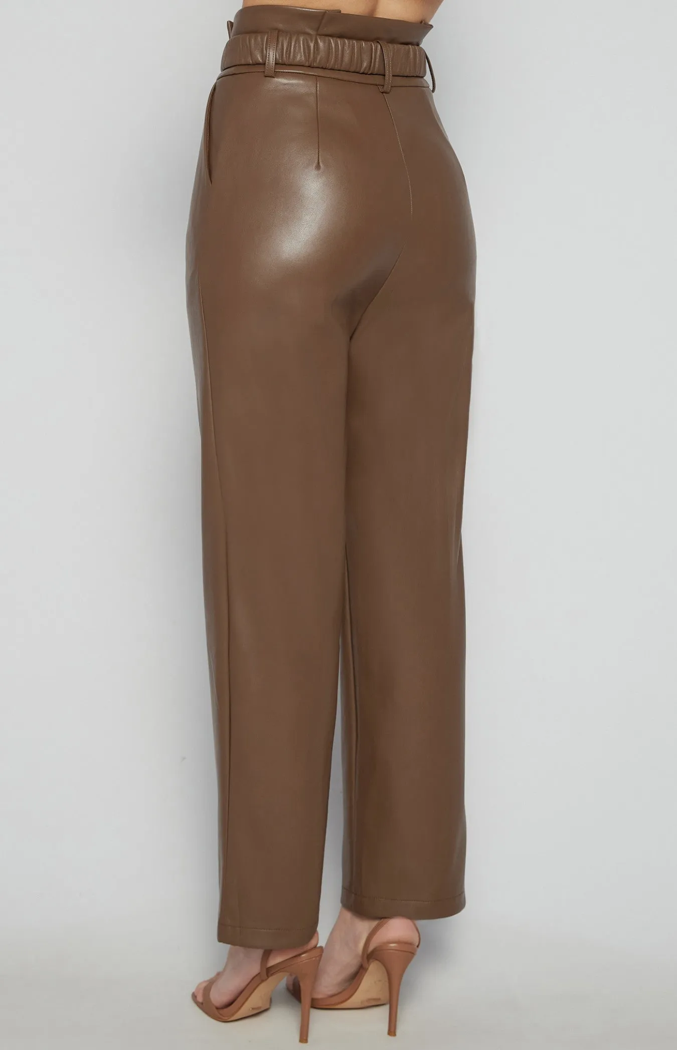 Chocolate Faux Leather Paper Bag Waist Pants with Gold Buckle Belt