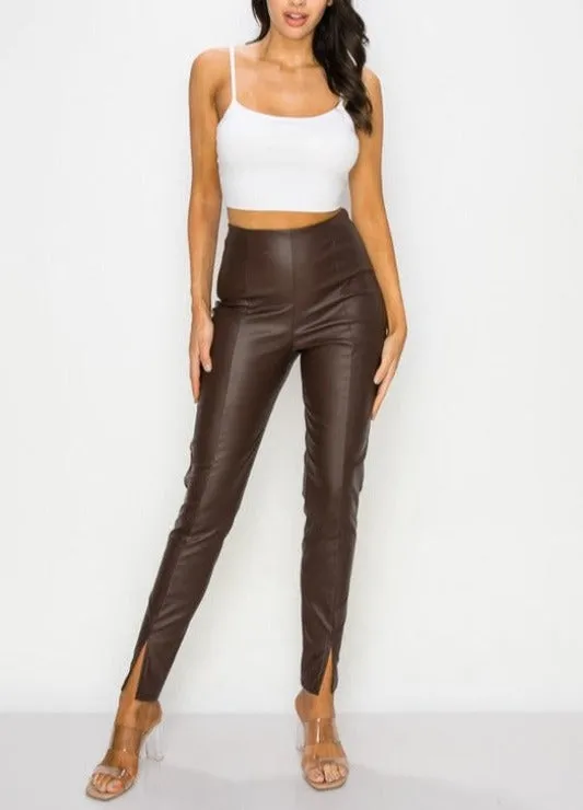 Chocolate Vegan Leather Split Leg Pants