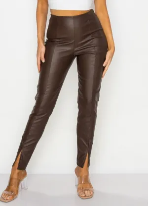 Chocolate Vegan Leather Split Leg Pants