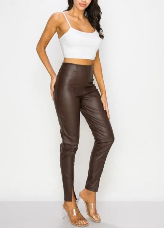 Chocolate Vegan Leather Split Leg Pants