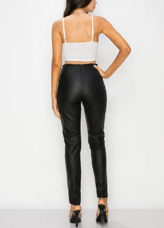 Chocolate Vegan Leather Split Leg Pants