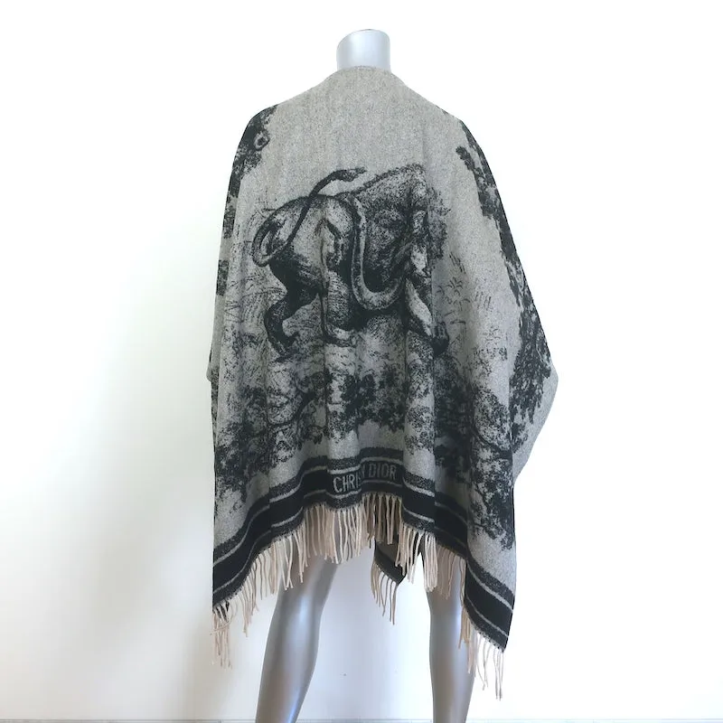 Christian Dior Toile de Jouy Fringed Cashmere Poncho Shawl Gray/Black