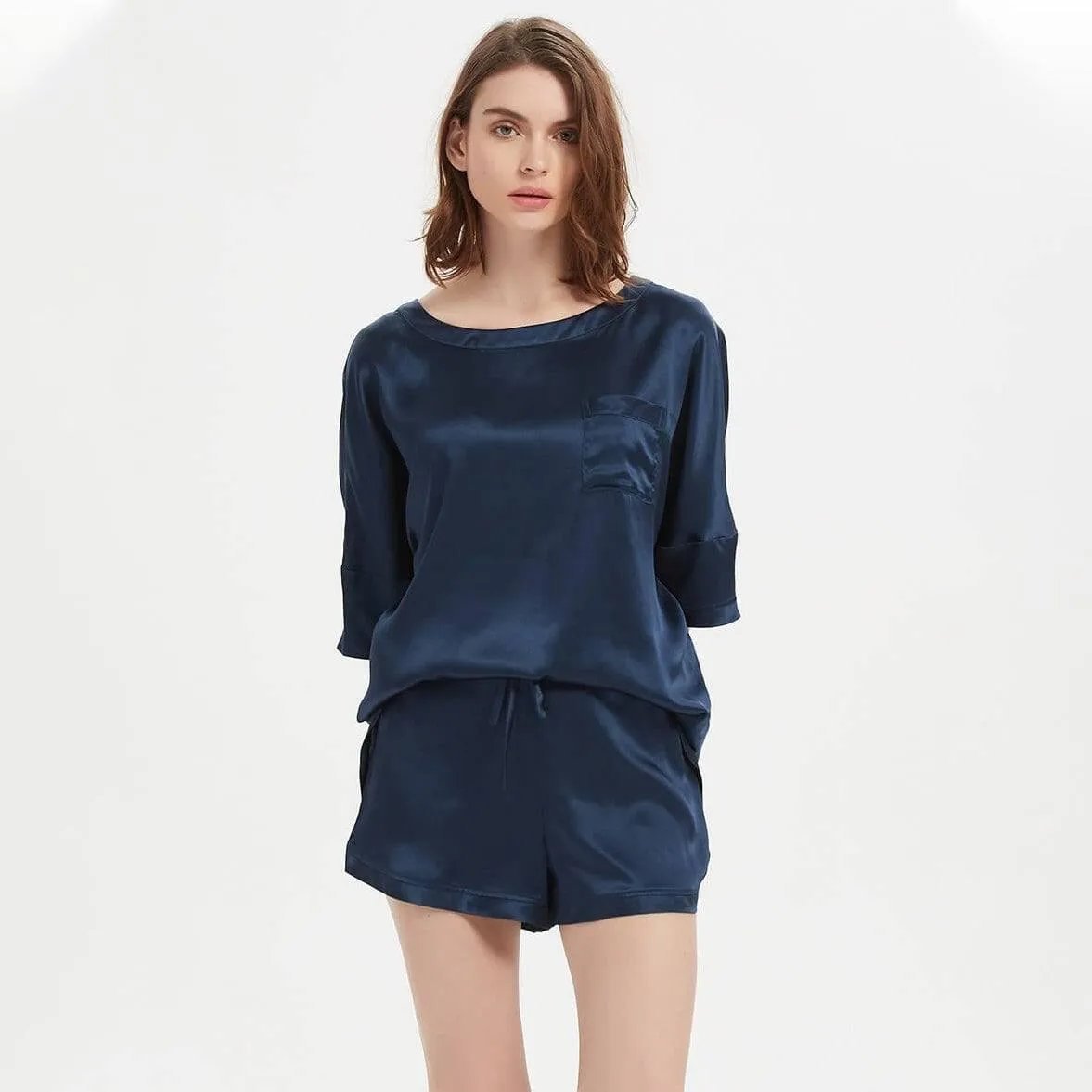Classic Round Necked Half Sleeves Short Silk Pajamas Set