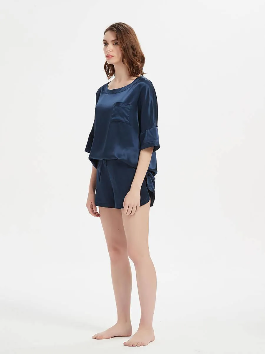 Classic Round Necked Half Sleeves Short Silk Pajamas Set